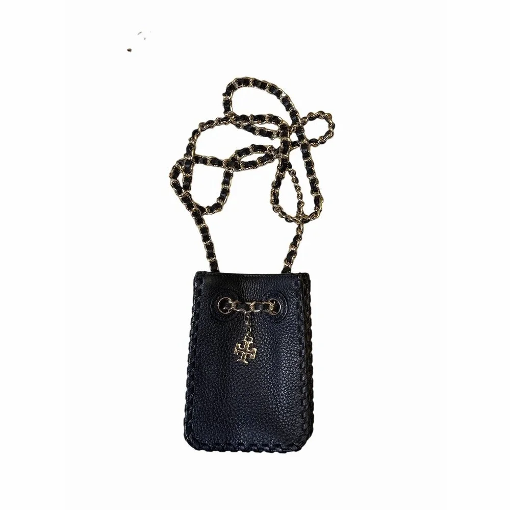 Tory Burch Phone Crossbody Bag Black Pebbled Leather With Gold Chain Strap
